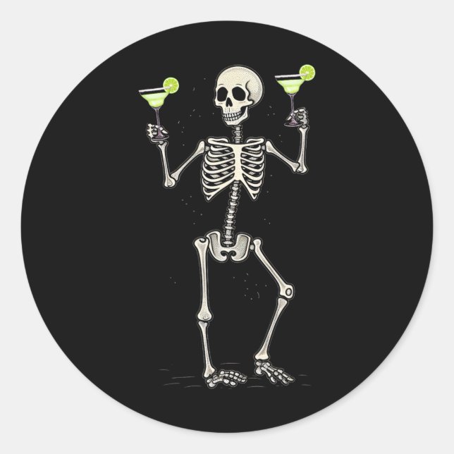 Halloween Skeleton Drinking Margarita Tail  Classic Round Sticker (Front)