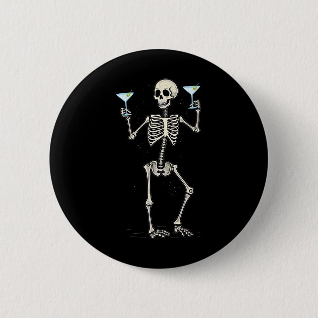 Halloween Skeleton Drinking Martini Tail  Button (Front)