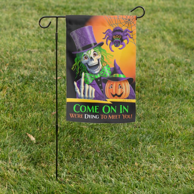 Halloween Skeleton Dying To Reversible Garden Flag (In SItu)