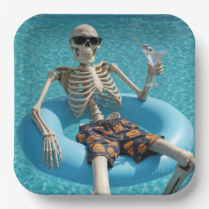 Halloween Skeleton Floating in a Swimming Pool Paper Plates
