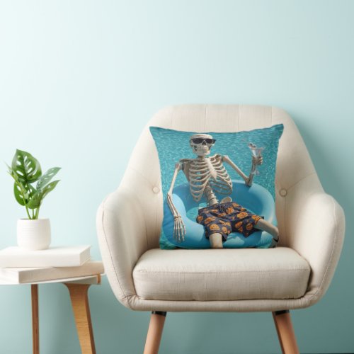 Halloween Skeleton Floating in a Swimming Pool Throw Pillow