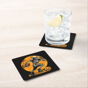 Halloween Skeleton Football Player Running Square Paper Coaster