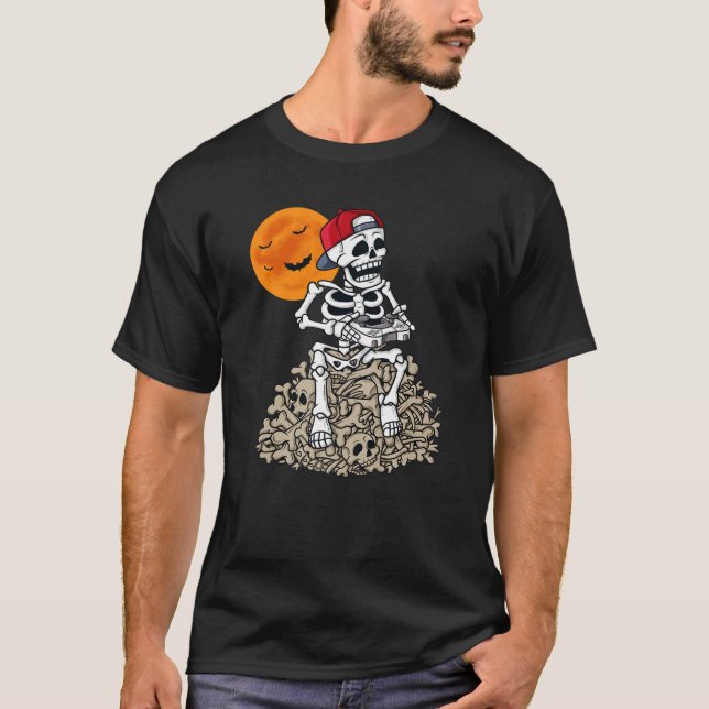 Halloween Skeleton Gamer Boys Kids Teens Gaming T-Shirt (Front)