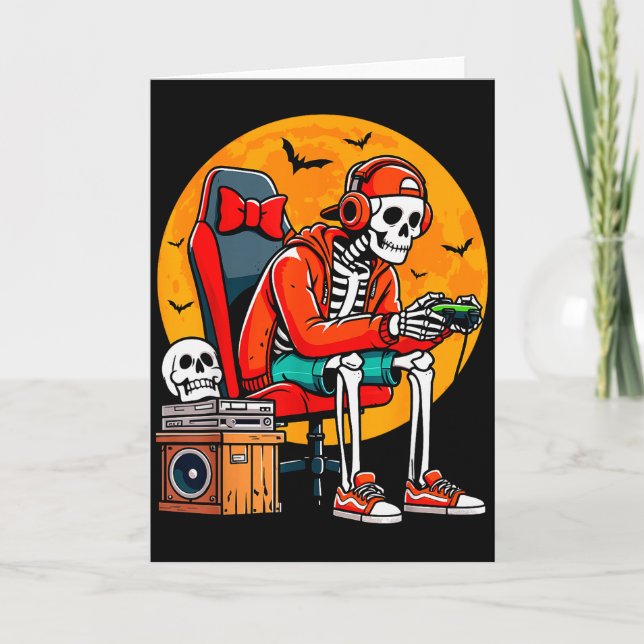 Halloween Skeleton Gamer Funny Video Gaming Hallow Card (Front)