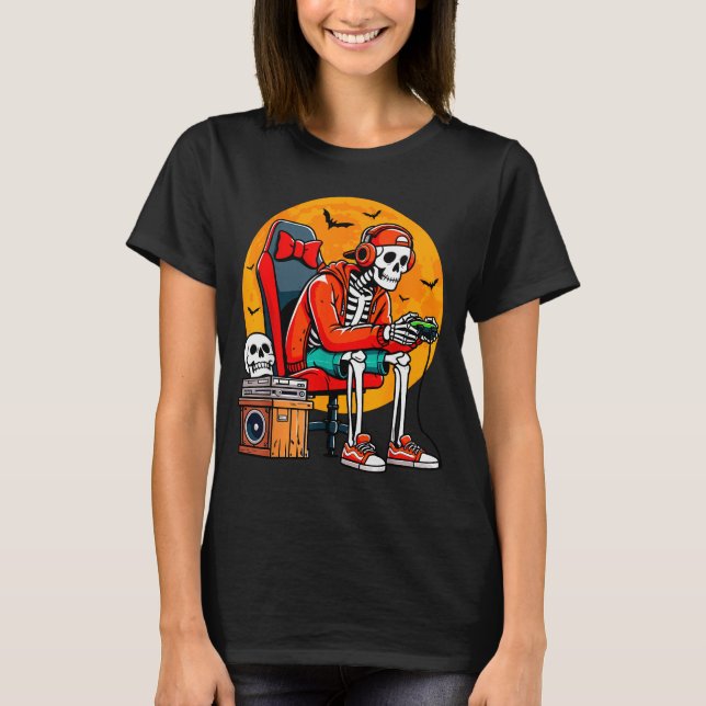 Halloween Skeleton Gamer Funny Video Gaming Hallow T-Shirt (Front)