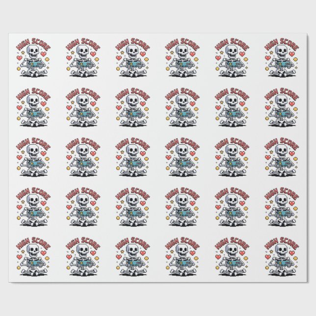 Halloween Skeleton Gamer Pixel Video Gaming Wrapping Paper (Flat)