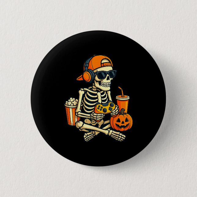 Halloween Skeleton Gamer Video Gaming Boys Men Kid Button (Front)