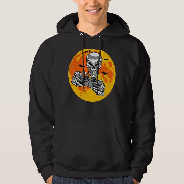 Halloween Skeleton Gamer Video Gaming Boys Men Kid Hoodie (Front)