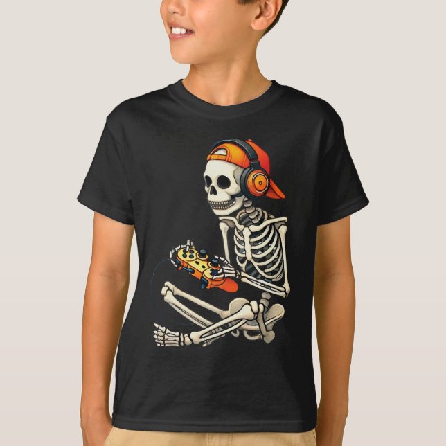 Halloween Skeleton Gamer Video Gaming Boys Men Kid T-Shirt (Front)
