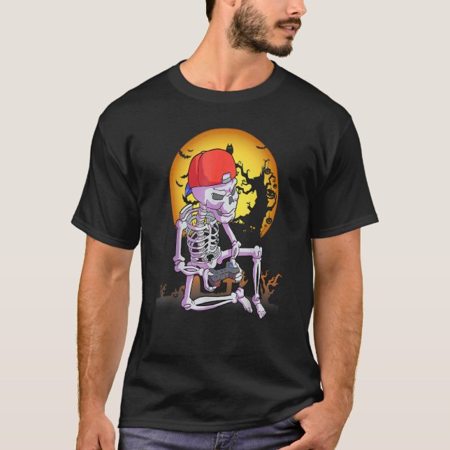 Halloween skeleton gamer video gaming boys men kid T-Shirt (Front)