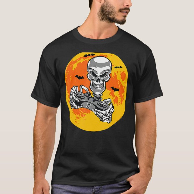 Halloween Skeleton Gamer Video Gaming Boys Men Kid T-Shirt (Front)