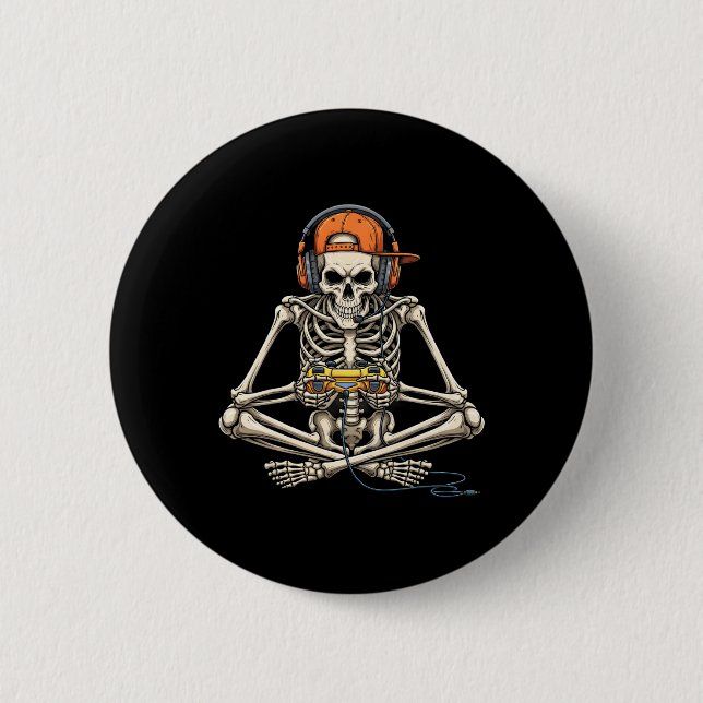 Halloween Skeleton Gamer Video Gaming Funny Gaming Button (Front)