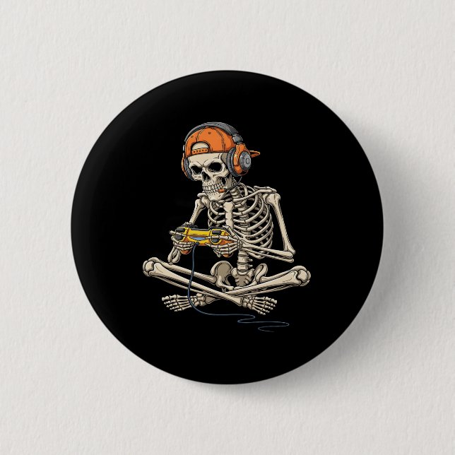 Halloween Skeleton Gamer Video Gaming Funny Gaming Button (Front)