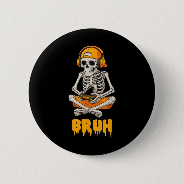 Halloween Skeleton Gamer Video Gaming Funny Skelet Button (Front)