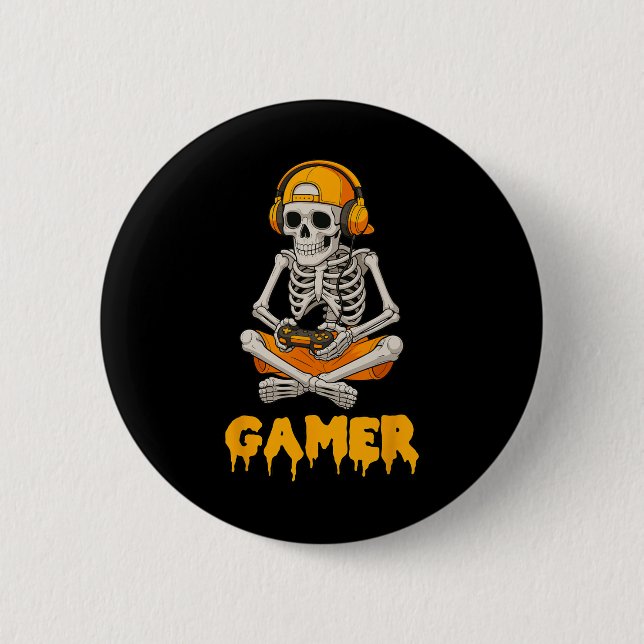Halloween Skeleton Gamer Video Gaming Funny Skelet Button (Front)