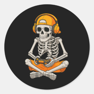 Halloween Skeleton Gamer Video Gaming Funny Skelet Classic Round Sticker