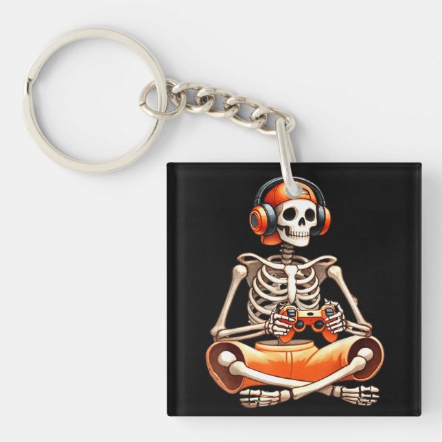 Halloween Skeleton Gamer Video Gaming Lovers Keychain (Front)