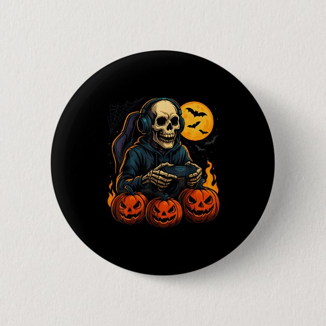 Halloween Skeleton Gamer With Pumpkins Controller  Button (Front)
