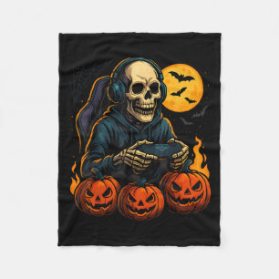 Halloween Skeleton Gamer With Pumpkins Controller Fleece Blanket