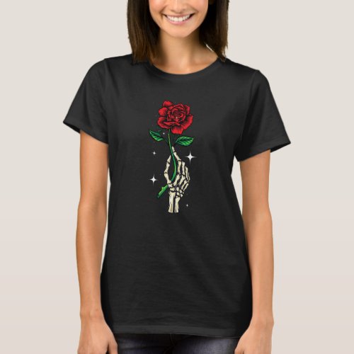 Halloween Skeleton Hand Holding A Red Rose   T_Shirt