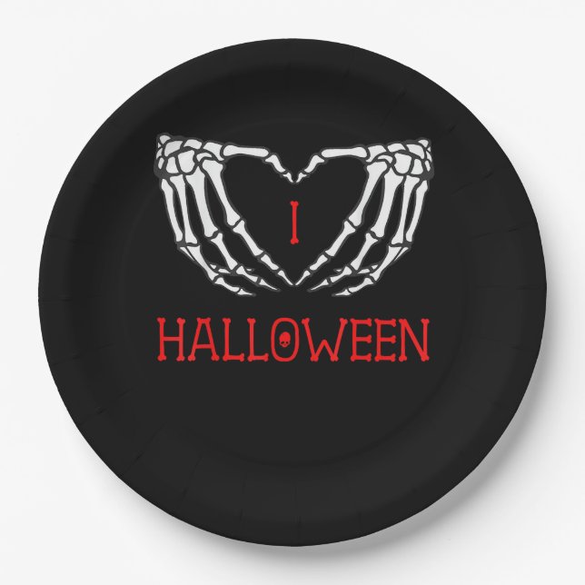 Halloween Skeleton Hands Forming Heart Gothic Paper Plates (Front)