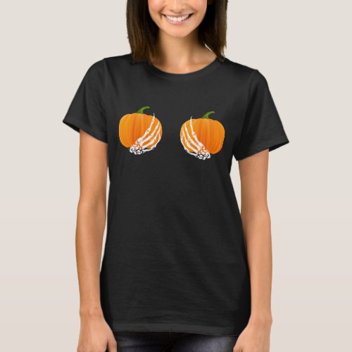 Halloween Skeleton Hands Over Chest Pumpkin T_Shirt