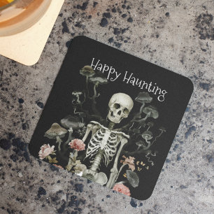Halloween Skeleton Haunted Forest Black Square Paper Coaster