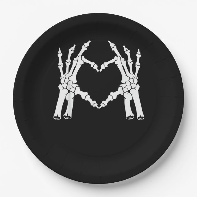 Halloween Skeleton Heart Hand Minimal Look Paper Plates (Front)