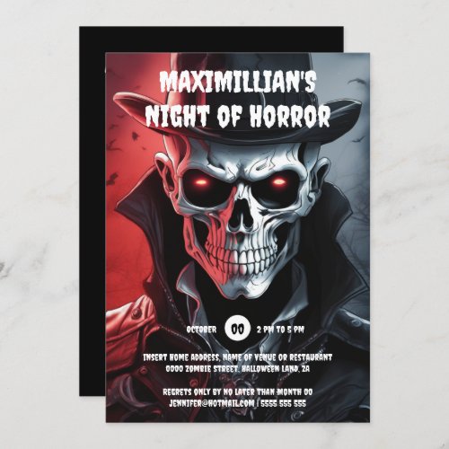 Halloween skeleton hit man skull face glowing eyes invitation