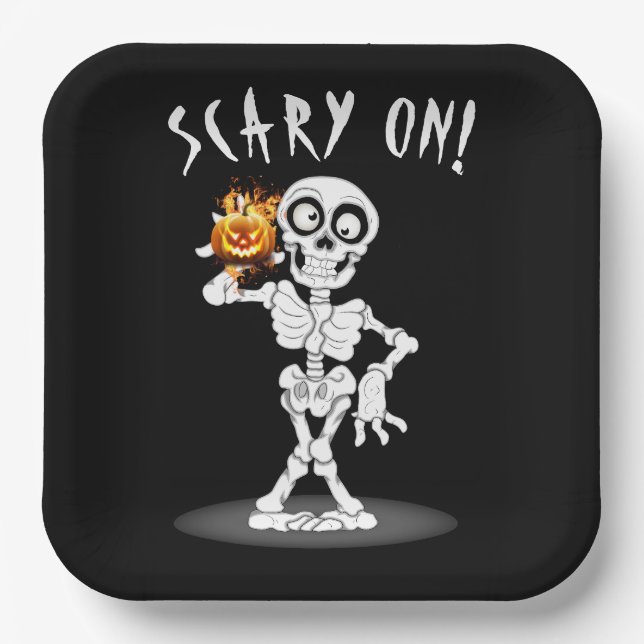 Halloween Skeleton Holding a Jack-o-lantern Paper Plates (Front)
