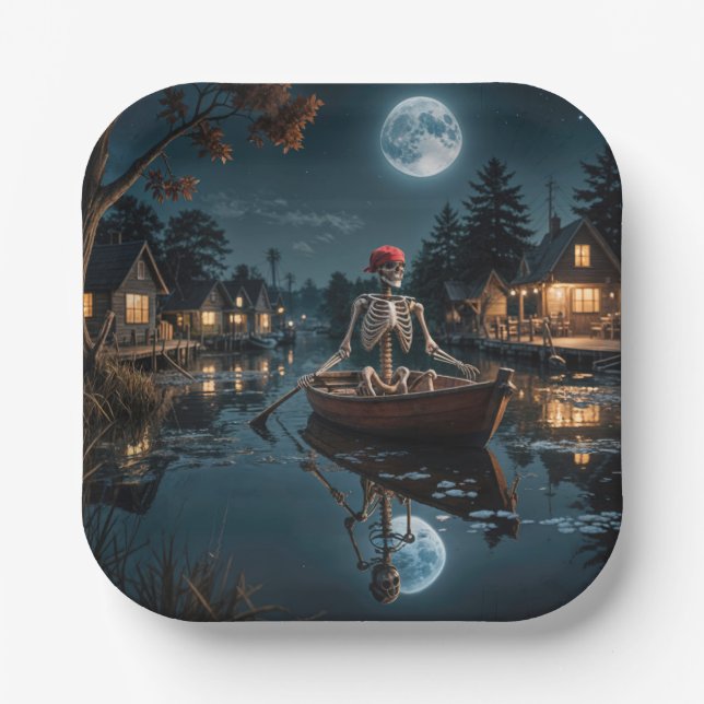 Halloween Skeleton In a Rowboat Paper Plates (Front)