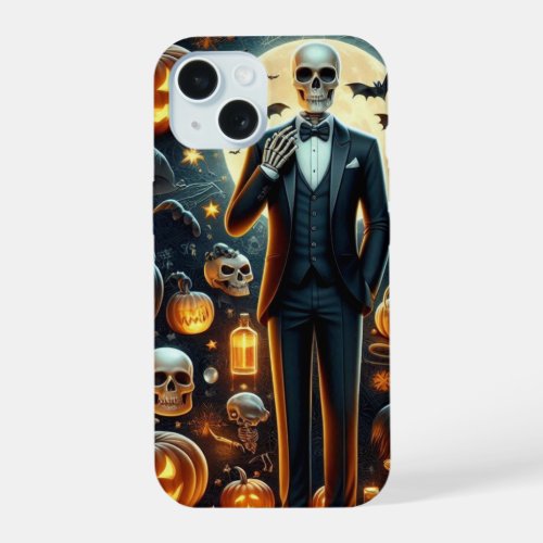 Halloween Skeleton in a Tux with Pumpkin  Ghosts iPhone 15 Case