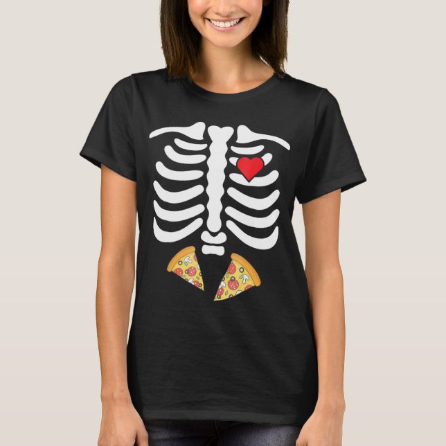 Halloween Skeleton Junk Food Belly Pizza T Shirt (Front)