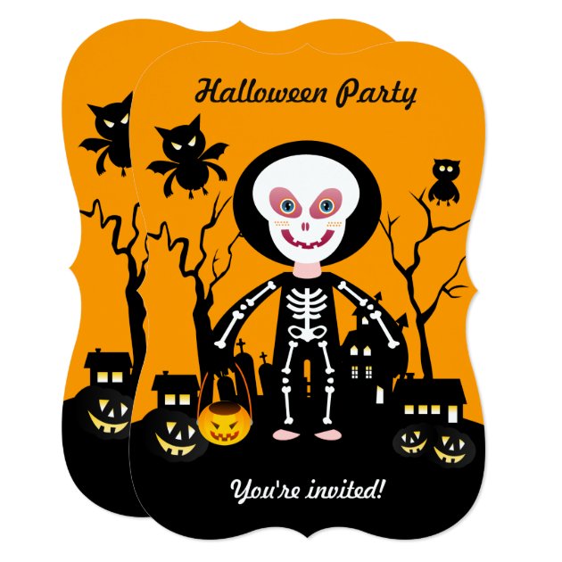 Halloween Skeleton Kid Goes Trick Or Treating Invitation