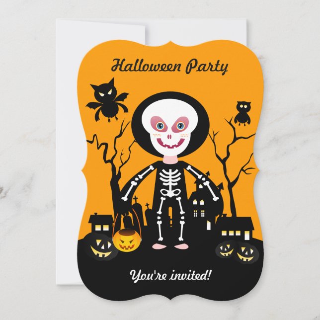 Halloween skeleton kid goes trick or treating invitation (Front)