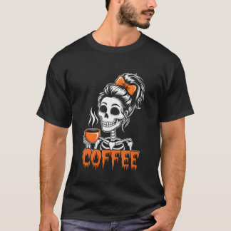 Halloween Skeleton Messy Bun Coffee Funny Costume T-Shirt