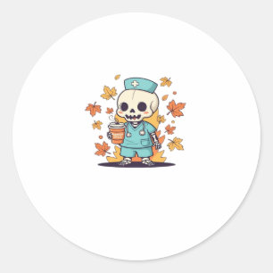 Halloween Skeleton Nurse With Coffee Classic T-Shi Classic Round Sticker