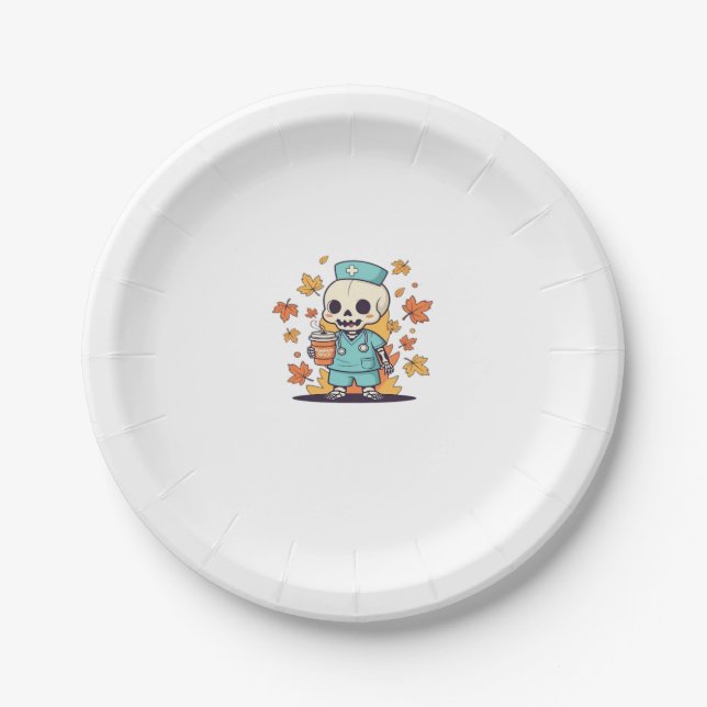 Halloween Skeleton Nurse With Coffee Classic T-Shi Paper Plates (Front)