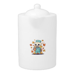 Halloween Skeleton Nurse With Coffee Classic T-Shi Teapot