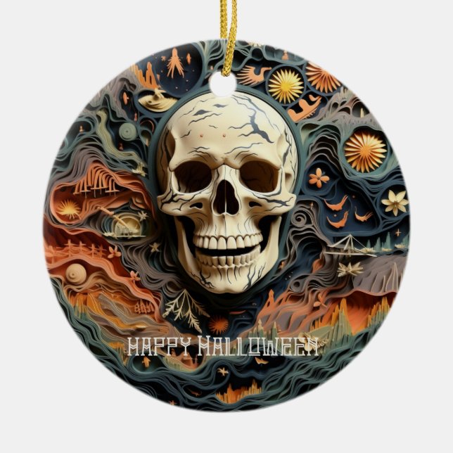 Halloween Skeleton Paper Quill Art Ceramic Ornament (Front)