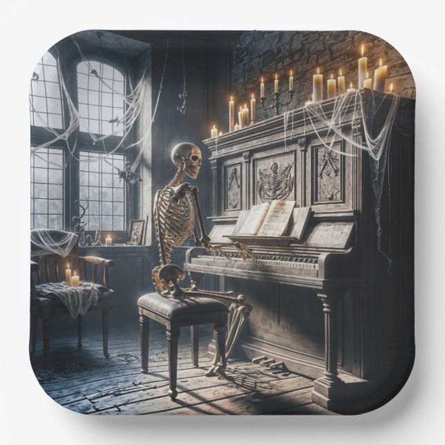 Halloween Skeleton Pianist Paper Plates (Front)