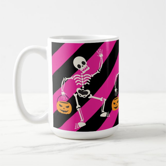Halloween Skeleton Pink / Black Striped Coffee Mug (Left)