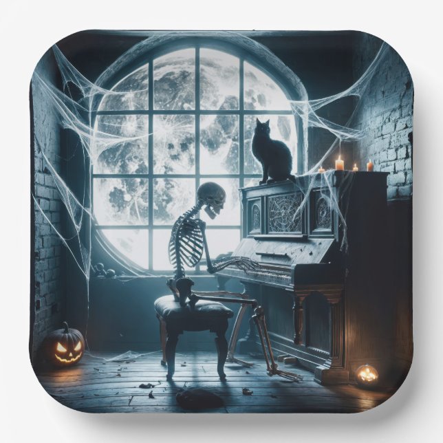 Halloween Skeleton Playing a Piano Paper Plates (Front)