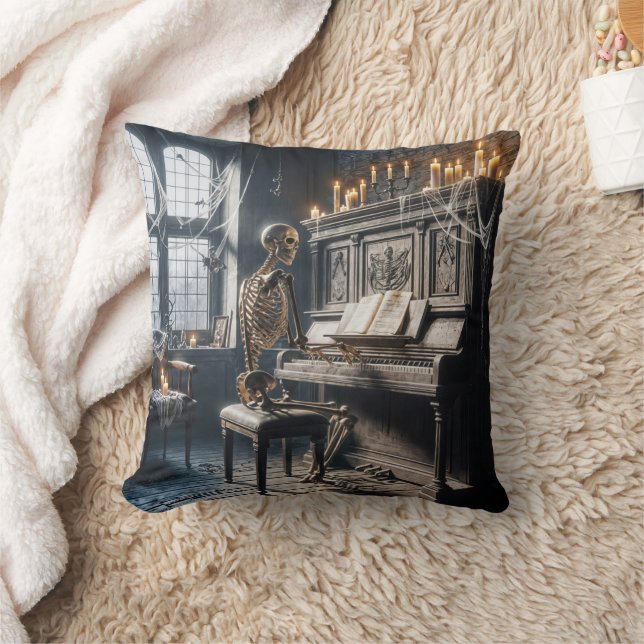 Halloween Skeleton Playing a Piano Throw Pillow (Blanket)