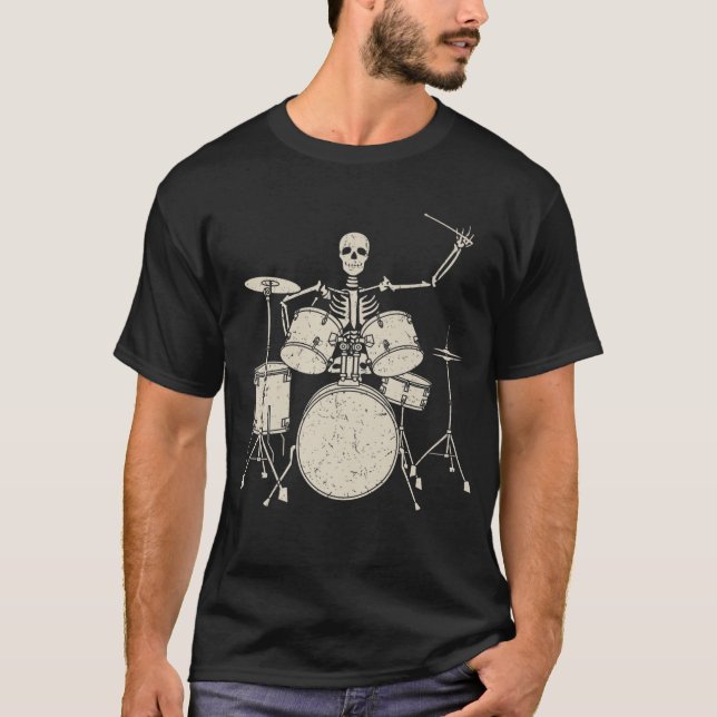 Halloween Skeleton Playing Drum Funny Drums Gift T-Shirt (Front)