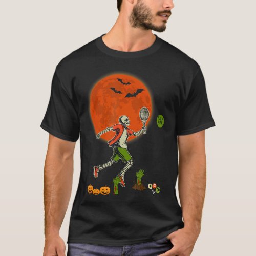 Halloween Skeleton Playing Tennis Scary Pumpkins P T_Shirt
