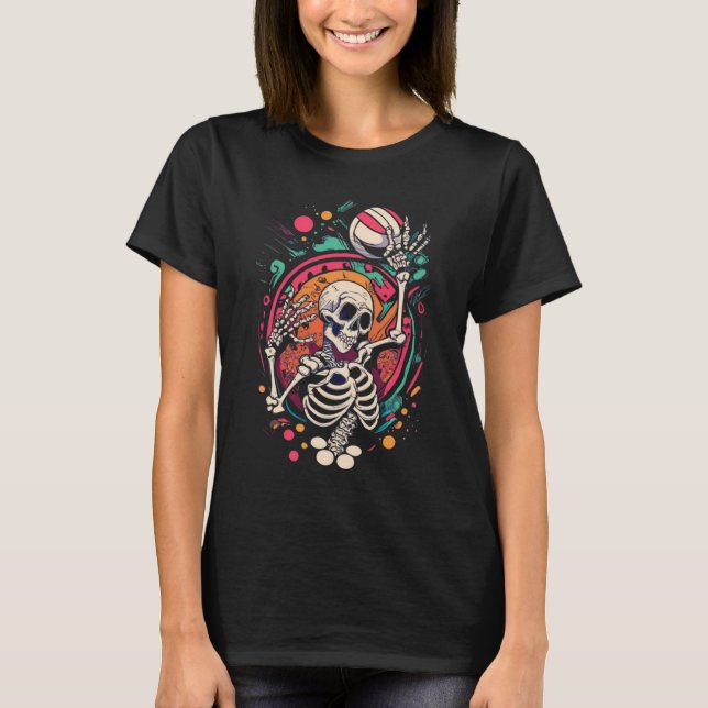 Halloween Skeleton Playing Volleyball T-Shirt (Front)