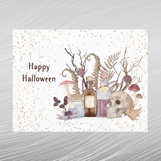 Halloween Skeleton Potions Mushrooms Floral Holiday Postcard (Creator Uploaded)
