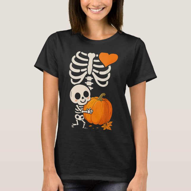 Halloween Skeleton Pregnancy Announcement Soky Mom T-Shirt (Front)