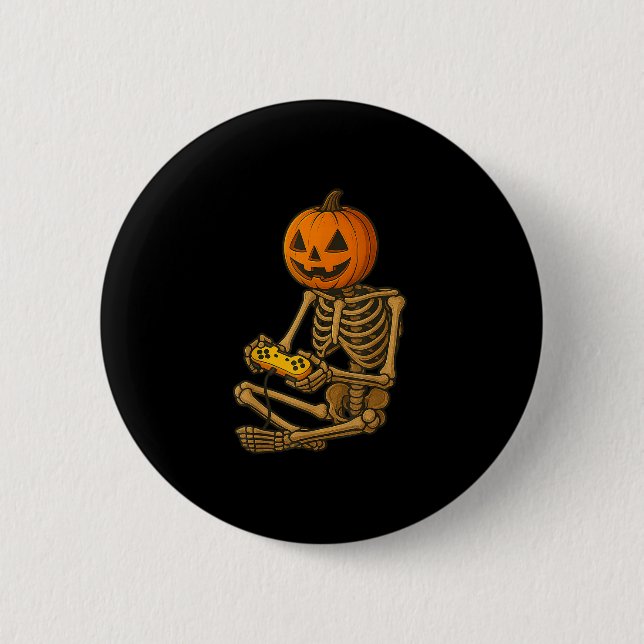 Halloween Skeleton Pumpkin Gamer Video Gaming Men  Button (Front)